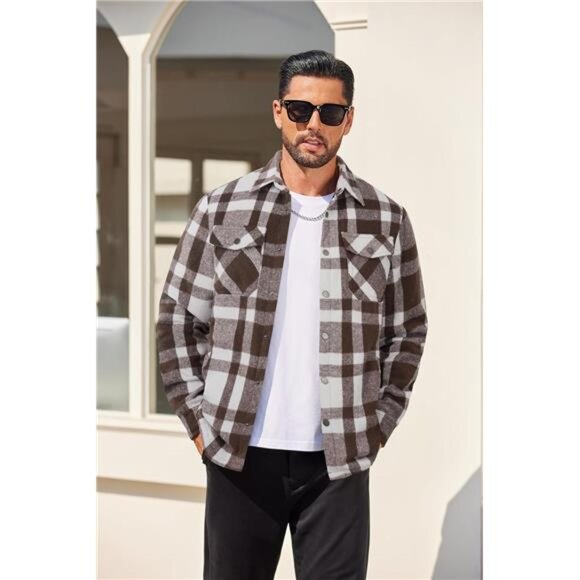 Men's Flannel Shirt Jacket Quilted Lined Plaid Jacket Long Sleeve Shacket - Picture 3 of 7
